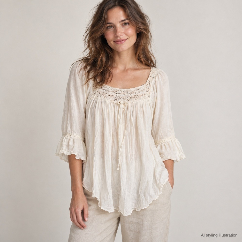 Priamo Saks Fifth Avenue Blouse Womens OS Cream Crochet Lace Cottagecore